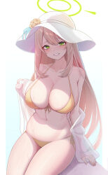 Rule 34 | 1girl, bare arms, bare shoulders, bikini, blonde hair, blue archive, breasts, can zhu, cleavage, collarbone, flower, front-tie bikini top, front-tie top, green eyes, grin, halo, halterneck, hat, hat flower, highres, large breasts, long hair, looking at viewer, navel, nonomi (blue archive), nonomi (swimsuit) (blue archive), off shoulder, see-through, side-tie bikini bottom, simple background, sitting, skindentation, smile, solo, stomach, strap gap, string bikini, sun hat, swimsuit, thighs, very long hair, wet, white background, white hat, yellow bikini