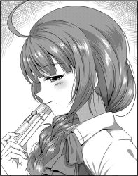 Rule 34 | 10s, 1girl, ahoge, blunt bangs, blush, box, braid, commentary request, from side, gift, gift box, greyscale, hair over shoulder, holding, holding gift, kantai collection, long hair, looking at viewer, mole, mole under mouth, monochrome, ribbon, school uniform, shino (ponjiyuusu), shirt, smile, solo, upper body, wax seal, yuugumo (kancolle)