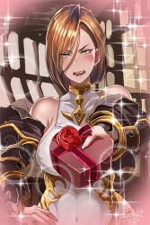 Rule 34 | 10s, 1girl, 2017, bare shoulders, black knight (granblue fantasy), blue eyes, blush, breasts, brown hair, butcha-u, candy, chocolate, chocolate heart, covered navel, dated, food, granblue fantasy, hand on own hip, heart, looking at viewer, open mouth, solo, sweatdrop, teeth, valentine