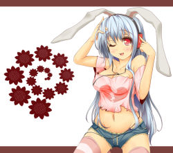 Rule 34 | 1girl, alternate hair color, animal ears, bare shoulders, blue hair, breasts, casual, cleavage, collarbone, contemporary, denim, denim shorts, female focus, fukunaga kazuhiro, headphones, long hair, midriff, navel, one eye closed, rabbit ears, red eyes, reisen udongein inaba, short shorts, shorts, solo, striped clothes, striped thighhighs, thighhighs, touhou, very long hair, wink