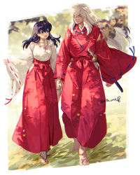 Rule 34 | 1boy, 1girl, :d, animal ears, arms at sides, barefoot, bead necklace, beads, black hair, blurry, branch, breasts, closed mouth, couple, dappled sunlight, day, depth of field, dog boy, dog ears, floating hair, full body, hakama, hand up, happy, hetero, highres, higurashi kagome, hip vent, inuyasha, inuyasha (character), japanese clothes, jewelry, kariginu, long hair, long sleeves, looking at another, looking down, looking to the side, looking up, miko, motobi (mtb umk), nature, necklace, open mouth, outdoors, outside border, pinching sleeves, red hakama, ribbon-trimmed sleeves, ribbon trim, sandals, sash, side-by-side, sidelocks, smile, socks, sunlight, sword, tabi, tooth necklace, very long hair, walking, weapon, white socks, wide sleeves, zouri