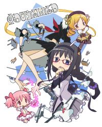 Rule 34 | 10s, 3girls, akemi homura, beret, black hair, blonde hair, bomb, boots, bow (weapon), braid, brown legwear, chibi, corset, desk, detached sleeves, drill hair, explosive, fingerless gloves, gecchu, glasses, gloves, hair ornament, hair ribbon, hairpin, hat, highres, kaname madoka, long hair, madoka runes, magical girl, mahou shoujo madoka magica, mahou shoujo madoka magica (anime), mathieu (madoka magica), multiple girls, no nose, official style, patricia (madoka magica), pink hair, pipe bomb, pleated skirt, power lines, puffy sleeves, purple eyes, red-framed eyewear, ribbon, short twintails, skirt, striped clothes, striped legwear, striped thighhighs, thighhighs, tomoe mami, twin braids, twin drills, twintails, vertical-striped clothes, vertical-striped legwear, vertical-striped thighhighs, weapon, wire, witch&#039;s labyrinth, zettai ryouiki