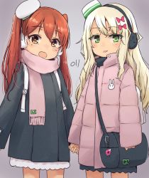 Rule 34 | 2girls, absurdres, bag, black coat, blonde hair, blush, bow, brown eyes, brown hair, coat, cowboy shot, earmuffs, fang, fringe trim, grecale (kancolle), green eyes, hair between eyes, hair bow, highres, jacket, kantai collection, libeccio (kancolle), long hair, long sleeves, ma rukan, multiple girls, open mouth, pink bow, pink jacket, pink scarf, scarf, shoulder bag, signature, skin fang, smile, tongue, tongue out, twintails