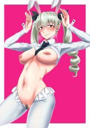 Rule 34 | 1girl, anchovy (girls und panzer), animal ears, black necktie, blush, breasts, drill hair, earrings, fake animal ears, female focus, female pubic hair, functionally nude, girls und panzer, green hair, hair ornament, hair ribbon, highres, jewelry, large breasts, looking at viewer, meme attire, navel, necktie, nipples, pubic hair, pussy, rabbit ears, rabbit pose, red eyes, reverse bunnysuit, reverse outfit, ribbon, solo, tatami san tatami, tears, thighhighs, twin drills, twintails, white thighhighs, wrist cuffs