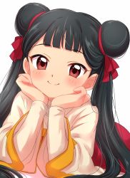 Rule 34 | 1girl, bad id, bad twitter id, black hair, blunt bangs, blush, cardcaptor sakura, closed mouth, double bun, hair bun, head rest, highres, li meiling, long hair, long sleeves, looking at viewer, lying, on stomach, red eyes, red skirt, sekina, simple background, skirt, smile, solo, twintails, white background, wide sleeves
