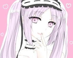 Rule 34 | 1girl, bare shoulders, black ribbon, choker, commentary, fate/apocrypha, fate (series), finger to mouth, hairband, heart, lolita hairband, long hair, looking at viewer, pink background, portrait, purple eyes, purple hair, ribbon, smile, solo, square pupils, stheno (fate), twintails, you at pome