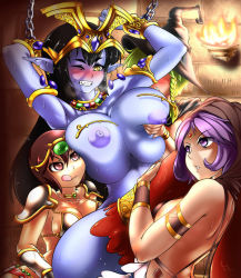 Rule 34 | 4girls, blush, grabbing another&#039;s breast, breasts, chain, egyptian, grabbing, lamia, large breasts, medium breasts, monster girl, multiple girls, nipples, original, pointy ears, sirat111, snake, tongue, tongue out, yellow eyes, yuri