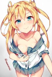 Rule 34 | 1girl, abukuma (kancolle), bare shoulders, blue eyes, blue sailor collar, blue skirt, blush, breasts, closed mouth, collarbone, commentary request, double bun, gradient background, grey background, hair between eyes, hair bun, hair rings, head tilt, highres, kantai collection, long hair, looking at viewer, medium breasts, no bra, off shoulder, pleated skirt, sailor collar, shirt, short sleeves, side bun, sidelocks, skirt, solo, sweat, tears, twitter username, unacchi (nyusankin), undressing, wavy mouth, white background, white shirt