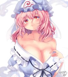 Rule 34 | 1girl, bare shoulders, black ribbon, blue hat, blue kimono, breasts, center frills, cleavage, closed mouth, collarbone, commentary request, frilled kimono, frilled sleeves, frills, ghost, hand on own chest, hat, heart, heart-shaped pupils, highres, hitodama, japanese clothes, kemo chiharu, kimono, large breasts, lips, long sleeves, looking ahead, mob cap, off shoulder, orange eyes, pink hair, ribbon, saigyouji yuyuko, short hair, signature, simple background, sleeve garter, solo, symbol-shaped pupils, touhou, triangular headpiece, upper body, wavy hair, white background, wide sleeves