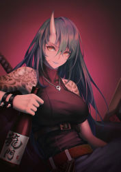 Rule 34 | 1girl, arknights, belt, black shirt, bottle, breasts, brown belt, chinese commentary, commentary request, grey hair, hair between eyes, highres, holding, holding bottle, horns, hoshiguma (arknights), hoshiguma (ronin huntress) (arknights), jewelry, large breasts, long hair, looking at viewer, magatama, magatama necklace, necklace, official alternate costume, parted lips, red background, sake bottle, shirt, single horn, solo, tassos, upper body, yellow eyes