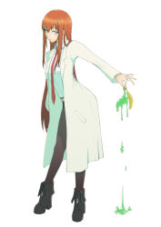 Rule 34 | 1girl, banana, belt, black pantyhose, blue eyes, boots, breasts, brown hair, collared shirt, food, fruit, full body, gel banana, hand in pocket, highres, lab coat, long hair, makise kurisu, manatsu (live), medium breasts, necktie, open mouth, pantyhose, shirt, short shorts, shorts, sidelocks, simple background, slime (substance), solo, standing, steins;gate, straight hair, white background