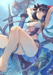Rule 34 | 1girl, armpits, arms up, bare shoulders, belt, bikini, blue eyes, breasts, commentary request, fate/grand order, fate (series), floral print, goggles, goggles on head, hair ornament, highres, katana, katsushika hokusai (fate), katsushika hokusai (swimsuit saber) (fate), looking at viewer, mashuu (neko no oyashiro), medium breasts, navel, obi, octopus, parted lips, purple hair, sash, short hair, solo, swimming, swimsuit, sword, tokitarou (fate), underwater, weapon, white bikini