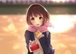 Rule 34 | 1girl, bag, black jacket, blue bag, blurry, blurry background, blush, bon (bonbon315), box, brown eyes, brown hair, candy, chocolate, chocolate heart, commentary request, copyright request, female focus, food, grey scarf, heart, holding, holding bag, holding box, holding phone, jacket, looking at viewer, official art, open mouth, outdoors, phone, scarf, short hair, solo, standing, valentine