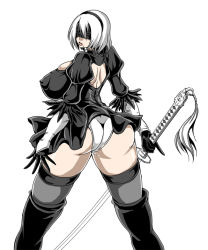 Rule 34 | 1girl, android, ass, back, back cutout, black dress, black gloves, black hairband, black thighhighs, blindfold, breasts, clothing cutout, covered erect nipples, curvy, dress, from behind, gloves, hairband, huge ass, huge breasts, katana, leotard, looking back, mifune seijirou, mole, mole under mouth, nier (series), nier:automata, parted lips, shiny clothes, shiny skin, short hair, sideboob, simple background, solo, sword, thighhighs, weapon, white background, white hair, wide hips, 2b (nier:automata)