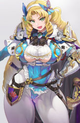 Rule 34 | 1girl, :d, arm armor, armor, belt, blonde hair, bow, breasts, cameltoe, cape, cleavage, cleavage cutout, cleft of venus, clothing cutout, curly hair, dagger, drill hair, floral print, frilled skirt, frills, gauntlets, gem, gluteal fold, green eyes, hair bow, hair ornament, hairband, hand on own hip, highres, huge breasts, knife, leotard, long hair, looking at viewer, lower teeth only, midriff, mole, mole under mouth, navel, ookuma nekosuke, open mouth, original, pantyhose, parted bangs, rose print, shirt, shoulder armor, sidelocks, simple background, skin tight, skirt, smile, solo, taut clothes, teeth, thick thighs, thighs, tight clothes, tight shirt, weapon, white background, white hairband, white pantyhose