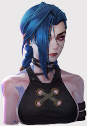 Rule 34 | 1girl, alternate breast size, arcane: league of legends, arcane jinx, arm tattoo, asymmetrical bangs, bare shoulders, black shirt, braid, breast tattoo, breasts, closed mouth, cloud tattoo, collarbone, cropped torso, eruthu, green hair, hair over one eye, highres, jinx (league of legends), large breasts, league of legends, long hair, shirt, shoulder tattoo, simple background, solo, tattoo, twin braids, upper body, white background
