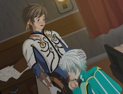 Rule 34 | 10s, 2boys, blush, brown hair, cum, cum in mouth, deepthroat, erection, fellatio, hand on head, male focus, mikleo (tales), multiple boys, oral, orgasm, penis, redflash, silver hair, smile, sorey (tales), tales of (series), tales of zestiria, testicles, uncensored, yaoi