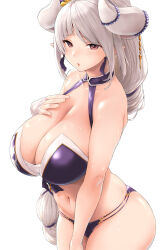 Rule 34 | 1girl, azusa (granblue fantasy), bandaged hand, bandages, bikini, breasts, character request, cleavage, commentary, draph, granblue fantasy, grey hair, hand on own chest, highres, horns, kemigawa mondo, large breasts, long hair, looking at viewer, navel, parted lips, pointy ears, purple bikini, red eyes, simple background, solo, swimsuit, symbol-only commentary, white background, white horns