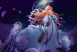 Rule 34 | 10s, 1girl, blonde hair, blue eyes, briefcase, brooch, bubble, collar, dress, frills, hair between eyes, hair intakes, hand on own chest, highres, holding, holding briefcase, in water, jellyfish, jewelry, lian yao, long hair, long skirt, petals, red ribbon, ribbon, skirt, solo, suitcase, underwater, very long hair, violet (flower), violet evergarden, violet evergarden (series), water, white dress
