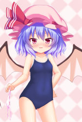 Rule 34 | 1girl, bad id, bad pixiv id, bat wings, blue hair, bow, bow panties, competition school swimsuit, hakuto (28syuku), hat, holding, holding clothes, holding panties, holding underwear, mob cap, one-piece swimsuit, panties, unworn panties, pink panties, red eyes, remilia scarlet, school swimsuit, short hair, smile, solo, standing, swimsuit, touhou, underwear, wings