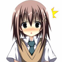 Rule 34 | 1girl, ^^^, asagi nanami, black eyes, blush, brown hair, chestnut mouth, close-up, commentary, embarrassed, eyelashes, green necktie, hair ornament, hairclip, looking at viewer, mamiya hasaki, medium hair, necktie, nose blush, open mouth, school uniform, shirt, short sleeves, solo, straight-on, subarashiki hibi, surprised, sweater vest, v-shaped eyebrows, white shirt, wide-eyed, yellow sweater vest