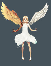 Rule 34 | 1girl, angel, angel wings, artist name, asymmetrical wings, barefoot, blonde hair, borrowed character, cassie (acerailgun), cyborg, dress, feathered wings, feathers, flat chest, full body, grey background, grey eyes, mechanical arms, mechanical wings, original, roguetwo, simple background, single mechanical arm, sleeveless, solo, white dress, wings