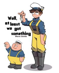 Rule 34 | 1boy, 1girl, absurdres, blue sweater, boots, brown hair, cleft chin, columbiahector, dual persona, english text, family guy, fat, fat man, fish, genderswap, genderswap (mtf), glasses, hat, highres, peter griffin, round eyewear, rubber boots, sailor hat, sweater, yellow overalls