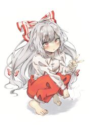 Rule 34 | 1girl, absurdres, barefoot, blush, bow, breasts, cigarette, collared shirt, fujiwara no mokou, hair bow, highres, holding, holding cigarette, long hair, long sleeves, looking up, open mouth, pants, red eyes, red pants, seika okawari, shirt, simple background, sitting, small breasts, solo, toes, touhou, v, white background, white hair, white shirt