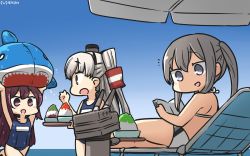 Rule 34 | 3girls, :d, amatsukaze (kancolle), blonde hair, blue one-piece swimsuit, dated, food, graf zeppelin (kancolle), hair between eyes, hair tubes, hamu koutarou, highres, kamikaze (kancolle), kantai collection, long hair, multiple girls, no headwear, no headwear, one-piece swimsuit, open mouth, parasol, purple eyes, purple hair, rensouhou-kun, school swimsuit, shaved ice, sidelocks, silver hair, smile, swimsuit, twintails, two side up, umbrella, v-shaped eyebrows
