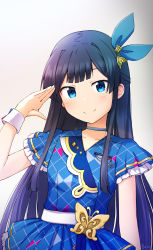 Rule 34 | 1girl, absurdres, basa rutan, black hair, blue eyes, blue ribbon, blue shirt, blue skirt, closed mouth, commentary request, gradient background, grey background, hair ribbon, hand up, highres, idolmaster, idolmaster million live!, idolmaster million live! theater days, infinite sky (idolmaster), light blush, long hair, looking at viewer, mogami shizuka, pleated skirt, ribbon, salute, shirt, short sleeves, skirt, smile, solo, upper body, very long hair, white background, wide sleeves