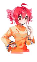 Rule 34 | 1girl, ahoge, blush, chinese clothes, covered navel, drill hair, elma07, expressionless, hand on own hip, index finger raised, kasane teto, long sleeves, looking at viewer, pink hair, red eyes, solo, twin drills, utau