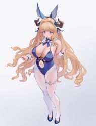 Rule 34 | 1girl, animal ears, bare shoulders, blonde hair, blue eyes, blue footwear, blue leotard, blue neckwear, blush, breasts, cleavage, clothing cutout, commentary request, detached collar, draph, fake animal ears, full body, gradient background, granblue fantasy, grey background, hair ornament, high heels, highleg, highleg leotard, highres, horns, large breasts, leotard, long hair, looking at viewer, navel, navel cutout, open mouth, pantyhose, playboy bunny, pointy ears, razia, shiny skin, sleeveless, standing, stomach, thigh strap, u jie, white pantyhose, wrist cuffs