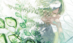 Rule 34 | 1boy, aky ami, closed eyes, collared shirt, crying, green hair, green theme, hand on another&#039;s cheek, hand on another&#039;s face, highres, leaf, male focus, original, plant, shirt, short hair, tears, white shirt, wiping tears