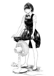 Rule 34 | 1girl, barefoot, blush, closed eyes, collared shirt, commentary request, dress, dress shirt, electric fan, fanning crotch, full body, greyscale, highres, hiwatari rin, monochrome, neck ribbon, original, parted lips, pinafore dress, pleated dress, ponytail, ribbon, shadow, shirt, short sleeves, sidelocks, sleeveless, sleeveless dress, unworn socks, solo, standing