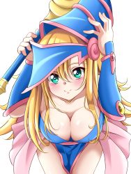 Rule 34 | 1girl, adjusting clothes, adjusting headwear, aqua eyes, blonde hair, blue hat, blush stickers, breasts, cleavage, collarbone, dark magician girl, duel monster, gauntlets, hair between eyes, hat, highres, looking at viewer, medium breasts, pelvic curtain, pink skirt, s-operator, simple background, skirt, solo, staff, wand, white background, wizard hat, yu-gi-oh!