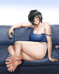 Rule 34 | 1girl, ass, barefoot, beer can, can, chainsaw man, drink can, easonx, feet, highres, himeno (chainsaw man), short shorts, shorts, soles, sports bra, toes