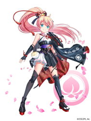 Rule 34 | 1girl, armor, black cape, black gloves, black ribbon, black thighhighs, blue eyes, blush, boots, breasts, cape, cherry blossoms, closed mouth, commentary request, copyright notice, elbow gloves, falling petals, floating hair, full body, gloves, hair between eyes, hair ribbon, high ponytail, japanese clothes, kiba tori, kimono, looking at viewer, mahou tsukai to kuroneko no wiz, obi, petals, pink hair, platform boots, platform footwear, pleated skirt, ribbon, sash, shoulder armor, sidelocks, simple background, skirt, sleeveless, sleeveless kimono, small breasts, smile, solo, tassel, thighhighs, watermark, white background, white kimono, white skirt