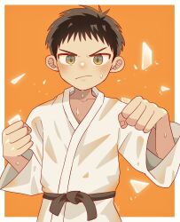 Rule 34 | 1boy, belt, black belt, border, brown hair, clenched hand, closed mouth, cowboy shot, facing viewer, fighting stance, glass shards, highres, karate, looking at viewer, male focus, orange background, original, serious, short hair, signature, simple background, solo, sweatdrop, waltz (wal w wal), white border, yellow eyes