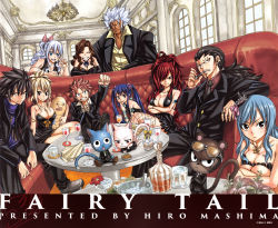Rule 34 | breasts, cana alberona, charle (fairy tail), cleavage, cup, dress, drinking glass, elfman strauss, erza scarlet, everyone, fairy tail, formal, gajeel redfox, gray fullbuster, happy (fairy tail), highres, ice, juvia lockser, large breasts, lucy heartfilia, mashima hiro, mirajane strauss, natsu dragneel, necktie, official art, pantherlily, sleeveless, sleeveless dress, suit, sunglasses, table, tattoo, wendy marvell, wine glass