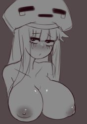 Rule 34 | 1girl, absurdres, blush, breasts, collarbone, doce, female focus, ghast, grey background, hat, highres, large breasts, long hair, looking at viewer, minecraft, mole, mole under eye, monochrome, parted lips, personification, solo, upper body