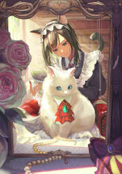 Rule 34 | 1girl, absurdres, animal, animal ears, animal focus, apron, ascot, bead necklace, beads, black dress, black hair, black nails, blue eyes, bookshelf, box, brooch, cat, cat ears, cat girl, cat tail, clothed animal, collared dress, colored inner hair, day, dress, eyelashes, flower, frills, gem, green eyes, green gemstone, green hair, hair brush, head tilt, highres, indoors, jewelry, juliet sleeves, lace-trimmed collar, lace apron, lace trim, long hair, long sleeves, looking at animal, looking at viewer, maid, maid apron, maid headdress, mirror, multicolored hair, nail polish, nakauma, neckerchief, necklace, original, pendant, pillarboxed, pink flower, pink rose, puffy sleeves, purple neckerchief, red ascot, reflection, rose, smile, streaked hair, tail, tail brushing, unworn jewelry, unworn necklace, vase, white apron, white cat, window