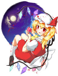 Rule 34 | 1girl, absurdres, ascot, blonde hair, blood, empty eyes, female focus, flandre scarlet, full moon, harii, harry (namayake), hat, heart (organ), highres, mary janes, moon, open mouth, red eyes, shoes, short hair, side ponytail, skirt, smile, solo, touhou, wings