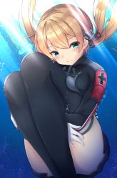 Rule 34 | 10s, 1girl, anchor hair ornament, black thighhighs, blonde hair, blush, breast press, bubble, cross, doyachii, gloves, green eyes, hair ornament, highres, hugging own legs, iron cross, kantai collection, long hair, panties, pantyshot, prinz eugen (kancolle), smile, solo, thighhighs, twintails, underwater, underwear, white gloves, white panties