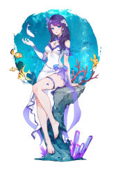 Rule 34 | 1girl, absurdres, arm support, bare legs, barefoot, blue eyes, breasts, cleavage, cleavage cutout, clothing cutout, clownfish, coral, crystal, dress, elbow gloves, eoe, fish, flower, full body, gloves, hair flower, hair ornament, hand up, highres, long dress, long hair, looking at viewer, medium breasts, mole, mole under eye, nail polish, off shoulder, on rock, purple hair, purple nails, renjian meihao guanceji, rock, side slit, single glove, sitting, sitting on rock, solo, thigh strap, toenail polish, toenails, tropical fish, underboob cutout, underwater, virtual youtuber, white background, white dress, white flower, white gloves, yumo (eoe)