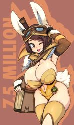 Rule 34 | 1girl, absurdres, animal ears, arm up, armpits, book, breasts, brown background, brown eyes, brown hair, brown thighhighs, cleavage, clothing cutout, curvy, fingerless gloves, gloves, goggles, goggles on head, handler (monster hunter world), highres, huge breasts, monster hunter, monster hunter: world, monster hunter (series), navel, navel cutout, one eye closed, rabbit ears, rabbit tail, raised eyebrows, short hair, simple background, skindentation, slugbox, smile, solo, tail, thick thighs, thighhighs, thighs, wide hips