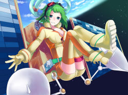 Rule 34 | 1girl, boots, cosplay, earrings, earth (planet), female focus, floating, full body, goggles, green eyes, green hair, gumi, jewelry, matching hair/eyes, mekonu (mknn), satellite, short hair, smile, solo, space, thighhighs, vocaloid