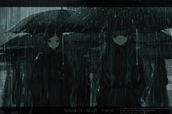 Rule 34 | 2girls, 6+others, black coat, black eyes, black gloves, black hair, black shirt, black skirt, black umbrella, blouse, coat, expressionless, gloves, highres, holding, holding umbrella, letterboxed, long hair, looking at viewer, medium hair, multiple girls, multiple others, narue, original, outdoors, rain, shirt, skirt, standing, timestamp, tokyo (city), umbrella