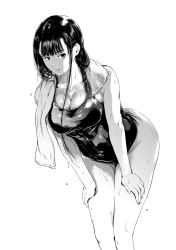 Rule 34 | 1girl, bent over, black hair, breasts, cleavage, commentary request, greyscale, hands on own thighs, highres, kurofudo, large breasts, long hair, looking at viewer, monochrome, one-piece swimsuit, original, solo, standing, swimsuit, towel, towel around neck, wet, white background