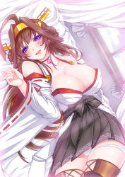 Rule 34 | 10s, 1girl, ahoge, bad id, bad nicoseiga id, bare shoulders, black thighhighs, blush, boots, breasts, brown hair, cleavage, curtains, detached sleeves, double bun, dutch angle, hair bun, hairband, headgear, japanese clothes, kantai collection, kongou (kancolle), large breasts, long hair, looking at viewer, miniskirt, nontraditional miko, open mouth, panties, pantyshot, pleated skirt, purple eyes, skirt, smile, solo, suzuneko (yume no kyoukai), thigh boots, thighhighs, underwear, upskirt, white panties, window, zettai ryouiki