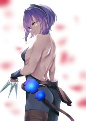 Rule 34 | 001machi, 1girl, absurdres, ass, backless outfit, bare back, black bodysuit, blue eyes, bodysuit, breasts, commentary request, fate/grand order, fate (series), hassan of serenity (fate), highres, holding, holding knife, knife, purple hair, short hair, small breasts, solo, throwing knife, weapon